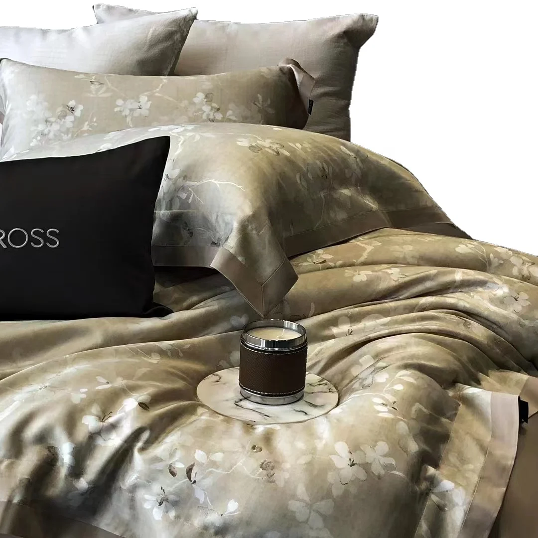 Home Textile Natural Tencel Printed Bedding Set High Quality Elegant Duvet Cover Set 4pcs Lyocell Fiber Wedding Flower Bed Linen