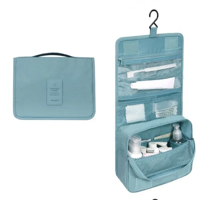 Bathroom Blue Polyester Womens Toilet Blue Small Travel Roll Up Toiletry Insulated Hanger Makeup Brush Belt Pouch Bag