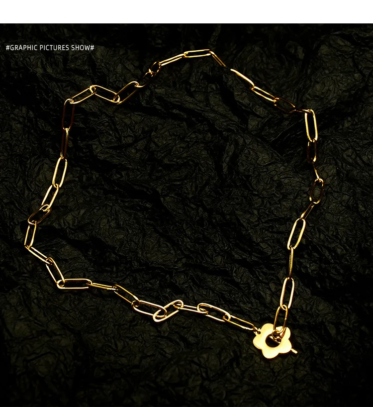 
Personality Korean Vintage Thick Chain Necklace Golden Fashion Flower Pendant Necklace 