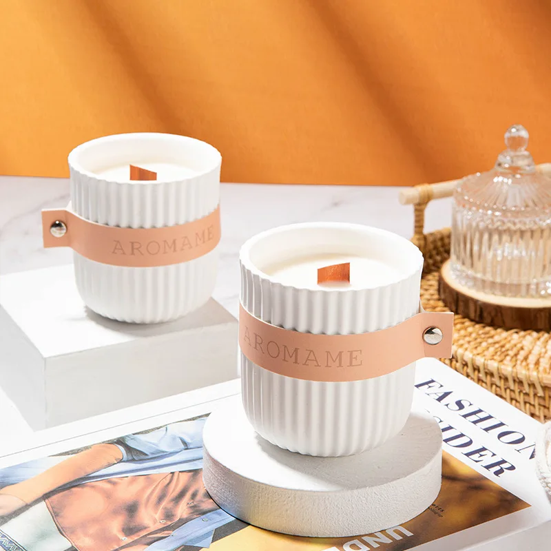 White Wooden Wick Striped Candle Jar Vessel Nordic Design with Custom Leather Handle