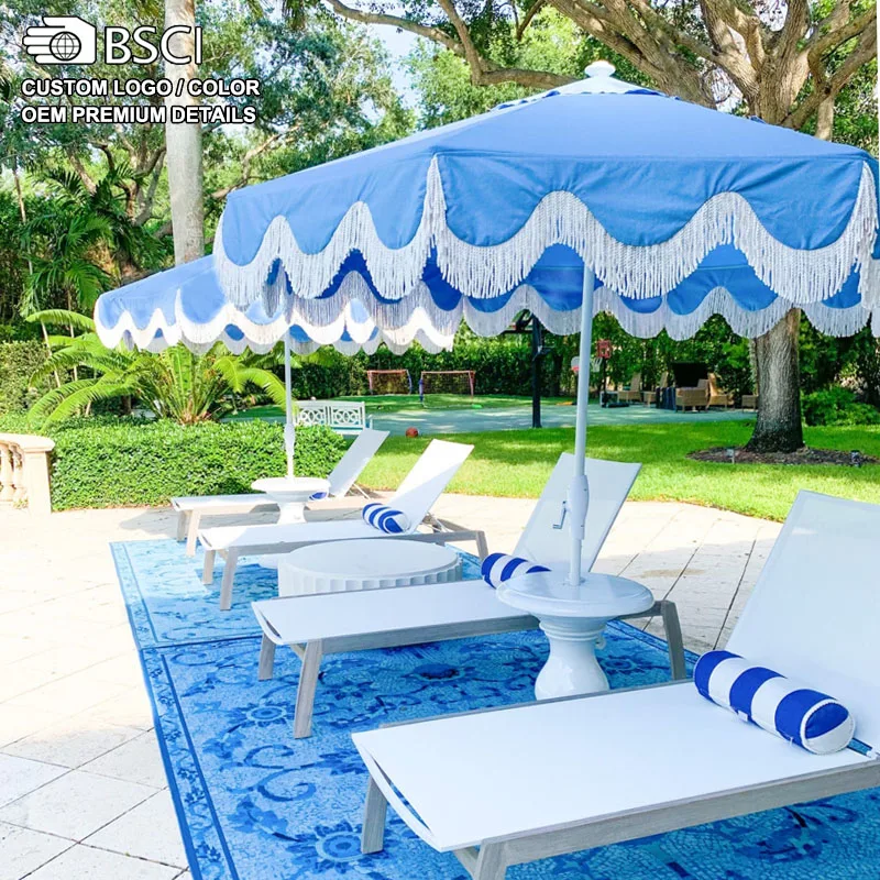 Outdoor 10ft Large Aluminum Pole Polyester Patio Parasols Fringed Garden Pool Portch Market Umbrellas for Restaurant Hotel Shop