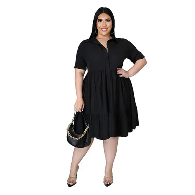 Solid color large fat woman short sleeve shirt dress monotonous fashion 5XL large size dress