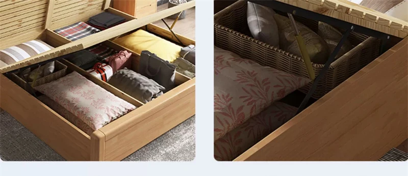 Nordic Solid Wood Rattan Simple French Japanese Style Bed Bed Room Furniture Hotel 1.8m Double Bed