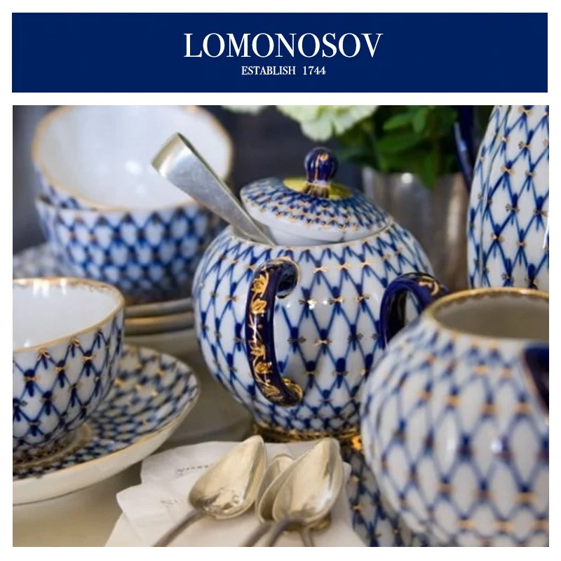 Китайский Королевский фарфоровый чайный сервиз Lomonosov, керамическая кофейная чашка и блюдца, кобальтовая синяя сетка