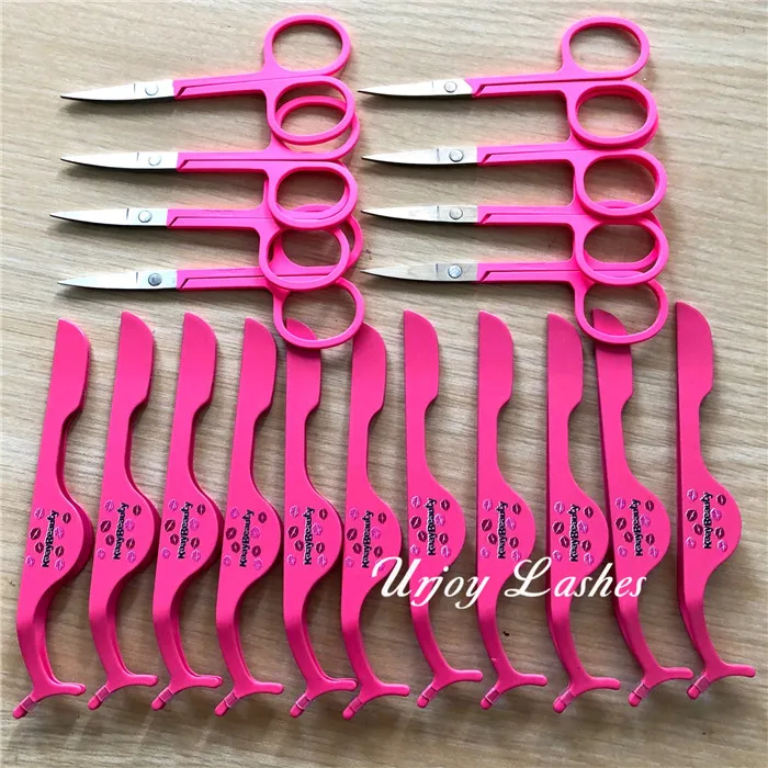 Pink color lash tweezers and scissors wholesale price for 25mm fluffy mink lashes bulk