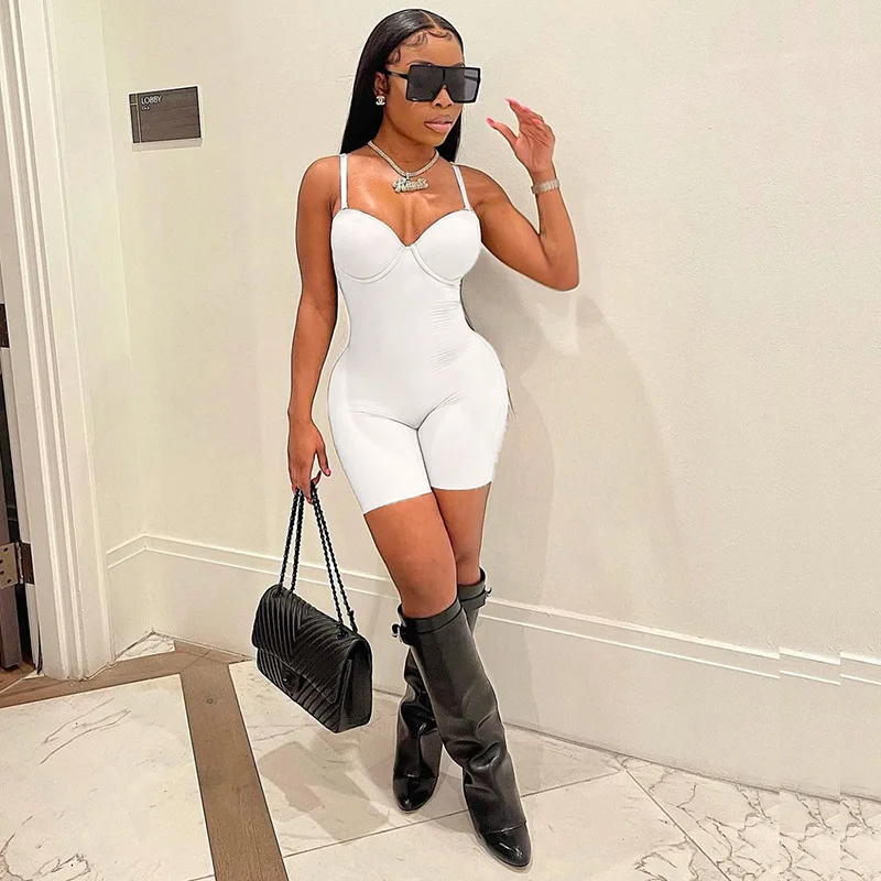2021 Solid Color Push Up Knitting Low-Cut Sling Bodycon Sexy Short Bodysuit Ladies One Piece Jumpsuits