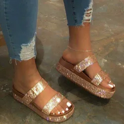 Sexy plus size women gorgeous fancy rhinestone glitter diamond flat slides ladies rubber sole flip-flops casual beach slippers