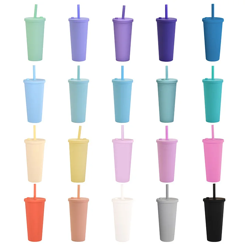 Wholesale Solid Candy Colors Double Layer Plastic Tumbler 24 OZ Coffee Mug 700 ML Tumblers Clear Plastic Cup with Lid and Straw
