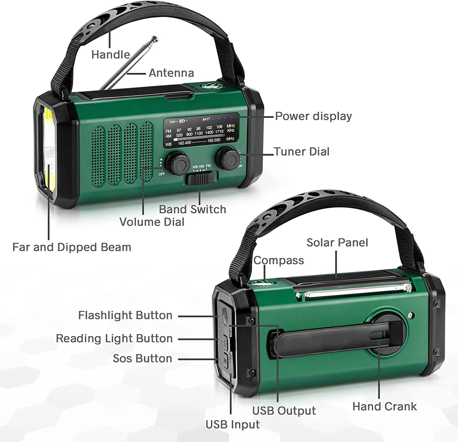 Emergency Hand crank Radio 10000mah USB Charger FM AM NOAA Weather Radio with Compass Lamp Solar Radio