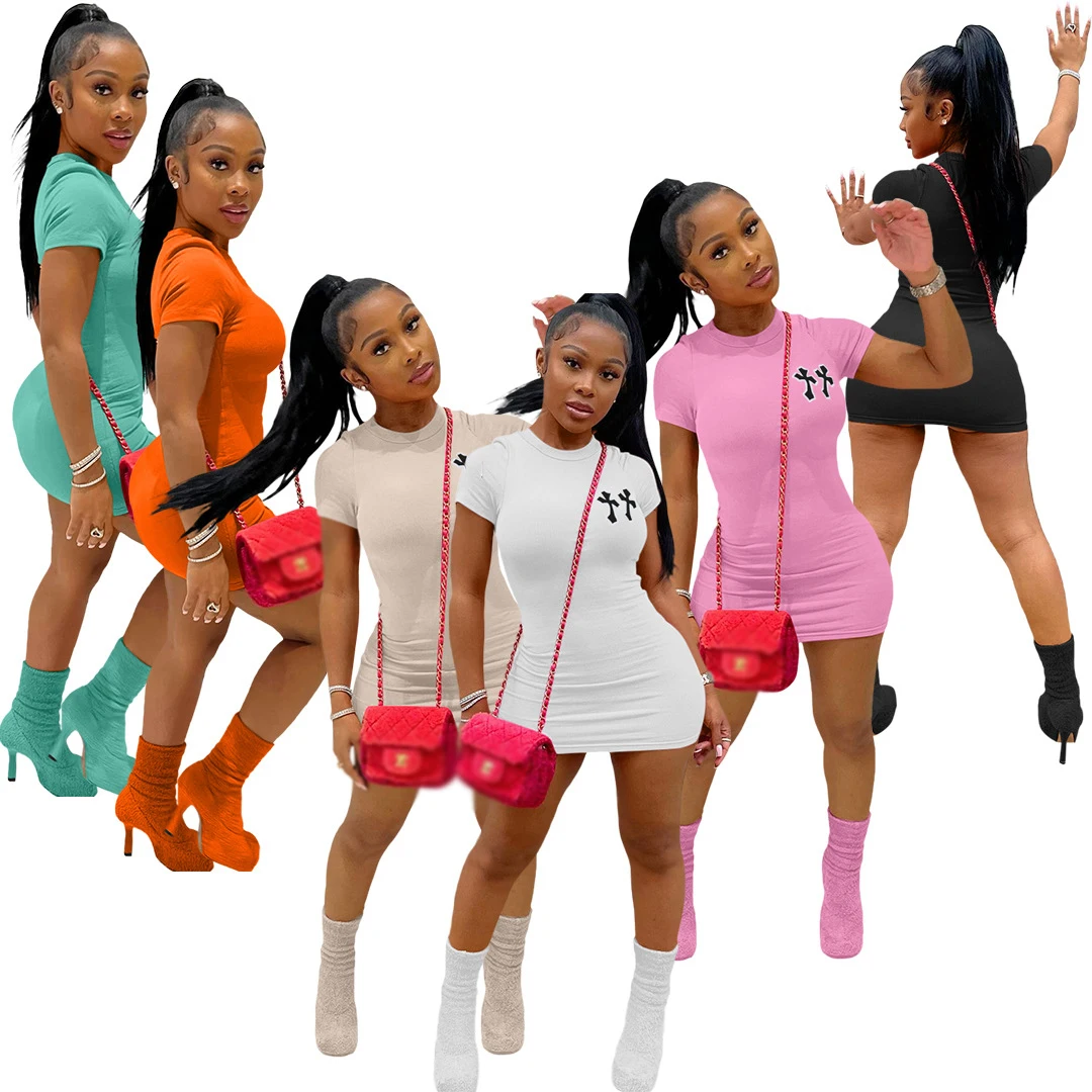 Wholesale Price Women Clothes Short Sleeve Solid Casual Close-fitting Ribbed Skirt Sexy Mini New Jumpsuit Summer Women dresses