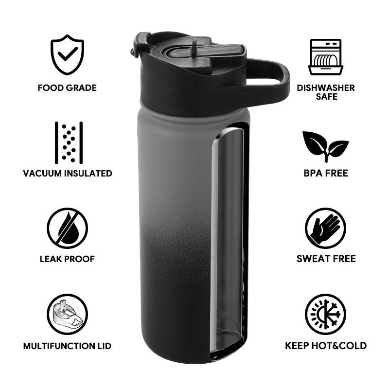 American Style Stainless Steel Sports Bottle 2-in-1 Functional Handle Lid with Wide Mouth and Brush Direct Drinking for Tours