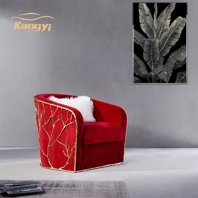 Kangyi Luxury design polished brass living room chairs & armchairs red velvet accent chair luxury leisure chair