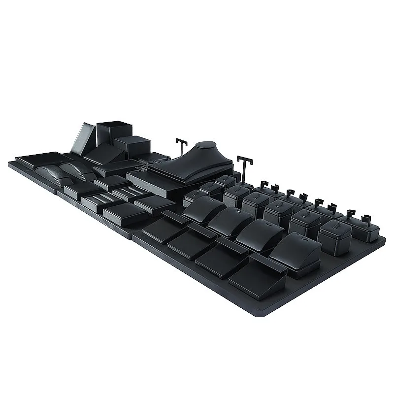 Luxury Black PU leather jewelry display set Jewellery Shop Counter Ring Necklace Bangle Display Stand Set