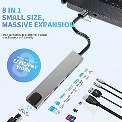 8 in 1 USB C Hub Dongle Docking Station with HDTV TF SD Card Reader USB-C Multi-port USB-C Hub MAC Book Converter Connecting