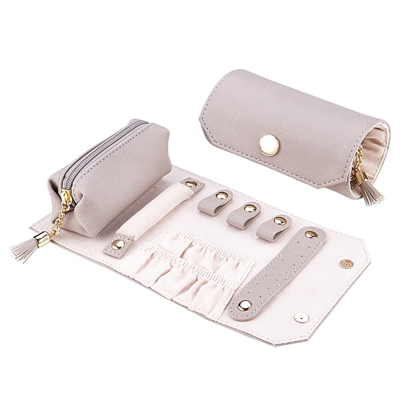 Custom Gray rolling jewellery zipper organizer luxury travel roll up foldable jewelry Leather Cases for Earrings Necklace