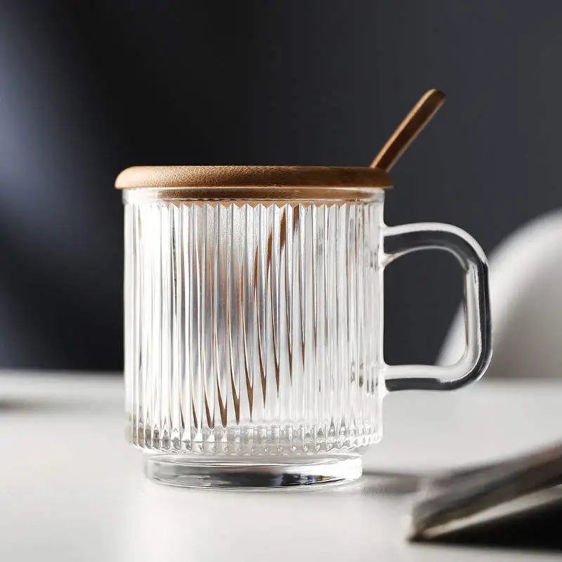 Creative Home Office water Tea Cups Latte Espresso Coffee Vertical glassware Stripes ribbed glass mugs with lid