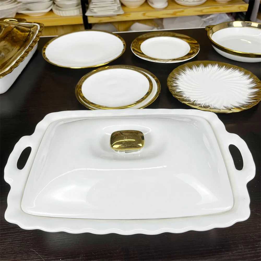 JIUWANG gold-plated Ceramic Baking Dish and Ramekins Set Casserole Dish with Handles Packaging