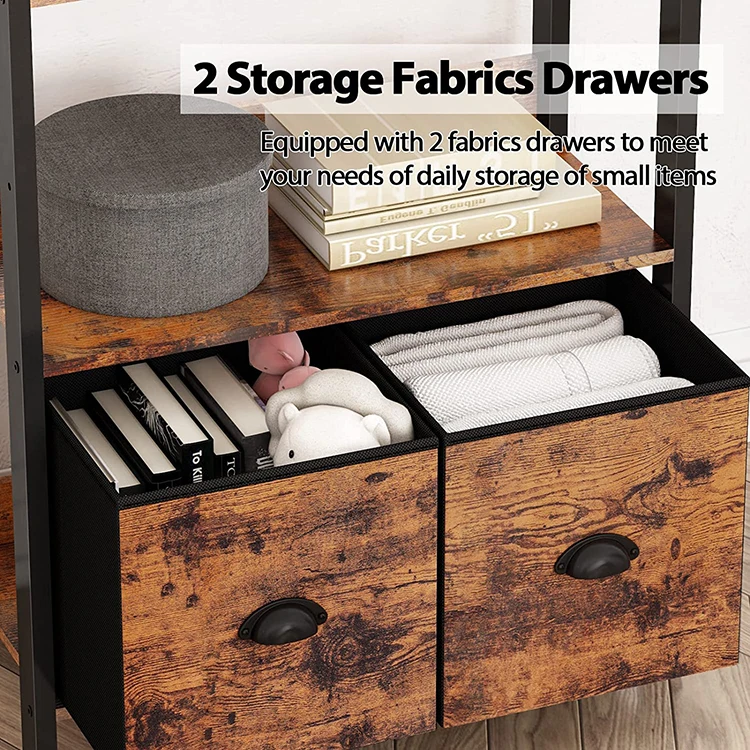 5 Tier Book Shelf Wooden Bookshelf Rustic Bookshelves Living Room Wood and Metal Storage Shelf with 2 Storage Drawers