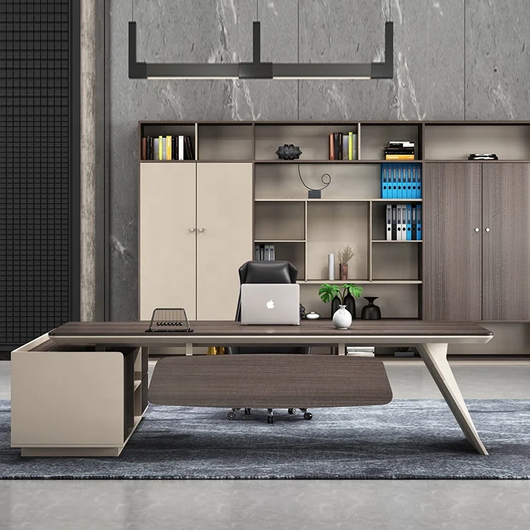 2021 Newest luxury design  dependable office furniture CEO big boss table and chair set with high back cupboard