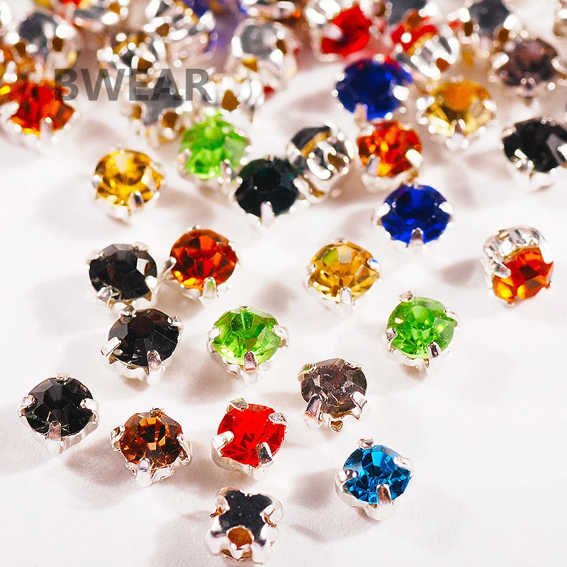 BWEAR Round Colorful Glass Chaton in Gold Prong Sew On Strass Beads Crystals Rhinestones With plated Flatback Claw For Clothing