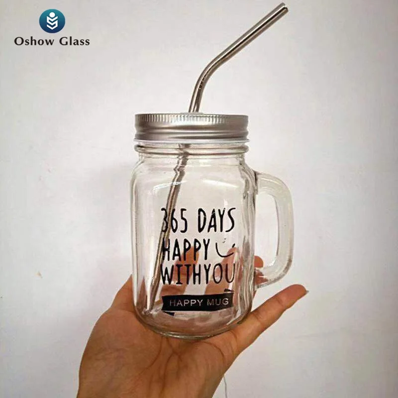 Оптовая продажа фруктовая кофейная ручка стеклянная чашка 16 унций стеклянные банки с соломой крышкой и ручками
