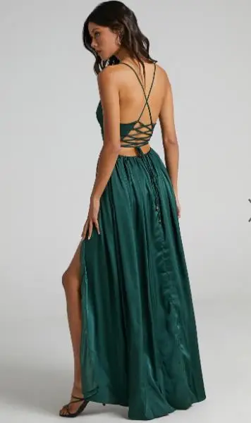High Quality Sexy High Split Sleeveless Satin Long Party Dress Backless V Neck Strappy Padded Dress