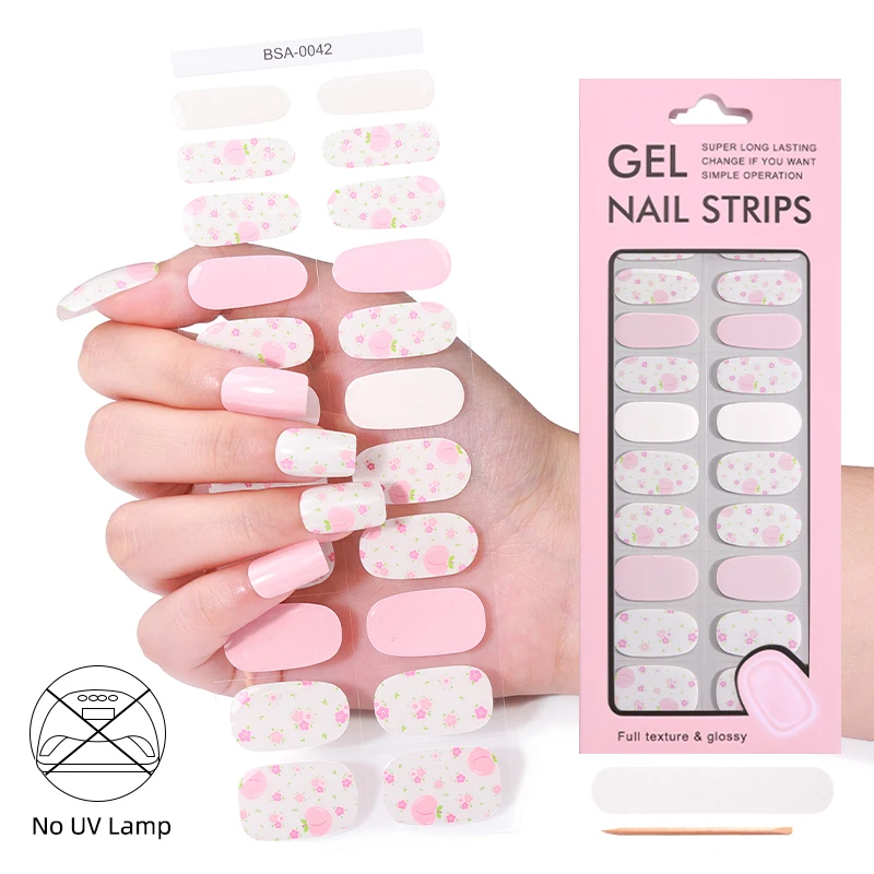 Latest design promotional 22 strips easy apply un UV baked 100% polish fully cured gel nail stickers