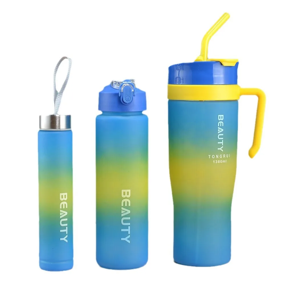 Gradient color frosted leakproof 40oz plastic tumbler with handle bpa free reusable sports plastic drinking 3 in 1 water bottle