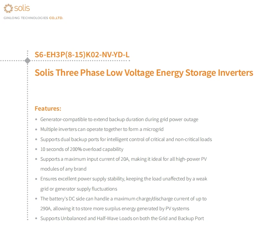 Solis S6-EH3P(8-15)K02-NV-YD-L Three Phase Low Voltage Energy Storage Inverter for Excellent Power Supply Stability DDP Europe