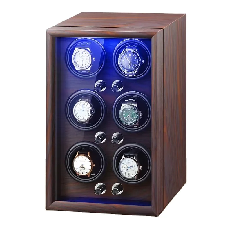 Automatic watch winder safe Luxury High quality  wood leather rotations watch winder box  6 slots with LED OPEN-STOP