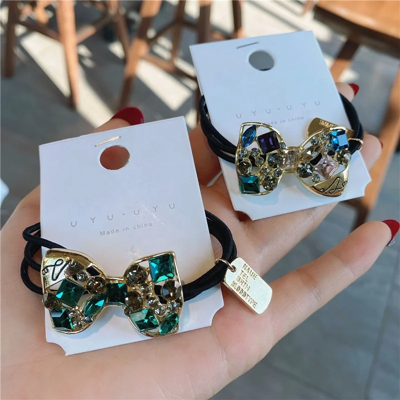 G.T 2022 Custom wholesale Korean Style Luxury Multicolor Crystal Diamond Stone Elastic Black Hair Ties With Gold Metal For Girl