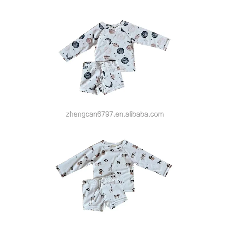 Custom Boys Swimsuit Baby Swimwear Casual Hot Spring Swimming Trunks Set Vintage Long Sleeve 2 Piece Knitted Bathing Suits