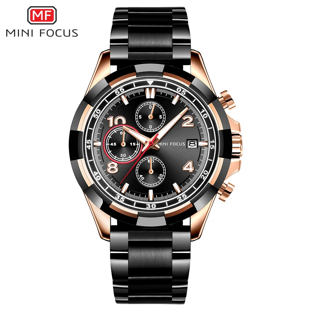 
Mini focus 0198 stainless steel chain black color wrist watch custom cheap chronograph luxury analog watches for men 