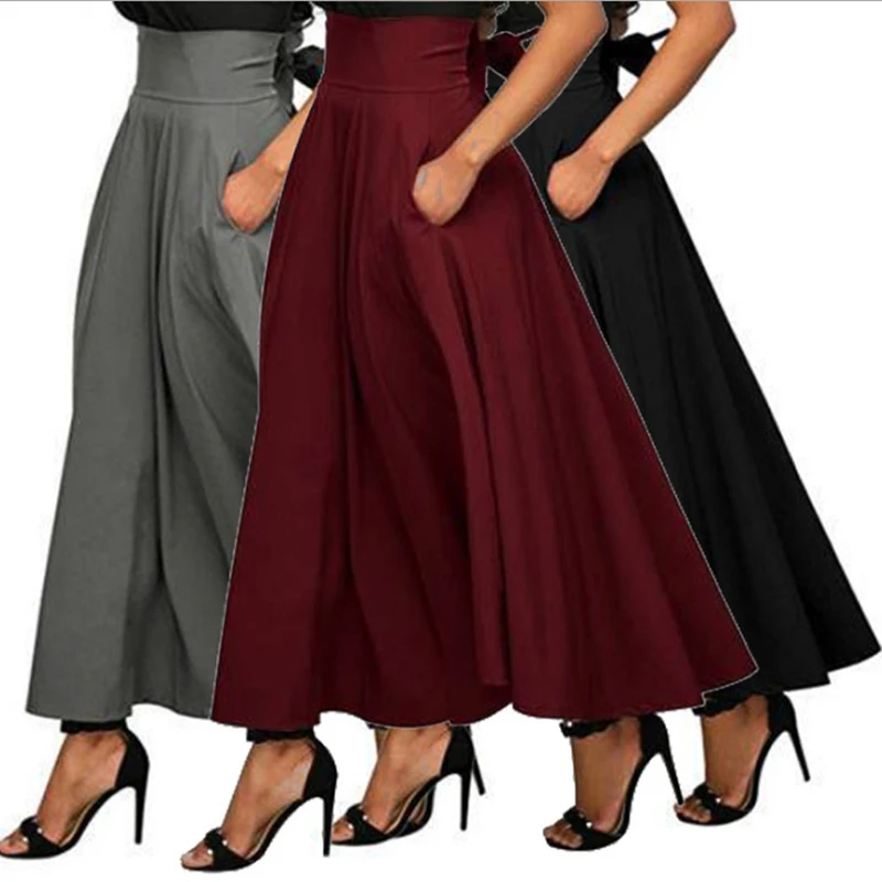 
Custom High Waist Lady Solid Color Pleated Big Swing Simple Casual Long Maxi Skirt 