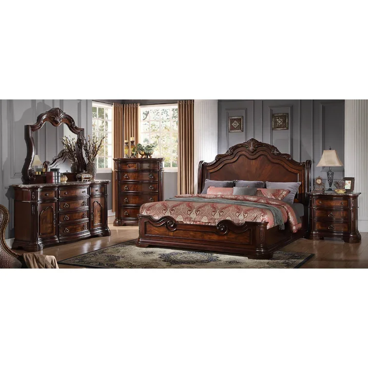 Classic Royal King Size Wooden Bed Frame with Ornate Carved Headboard and Rich Mahogany Finish Traditional Bedroom Furniture