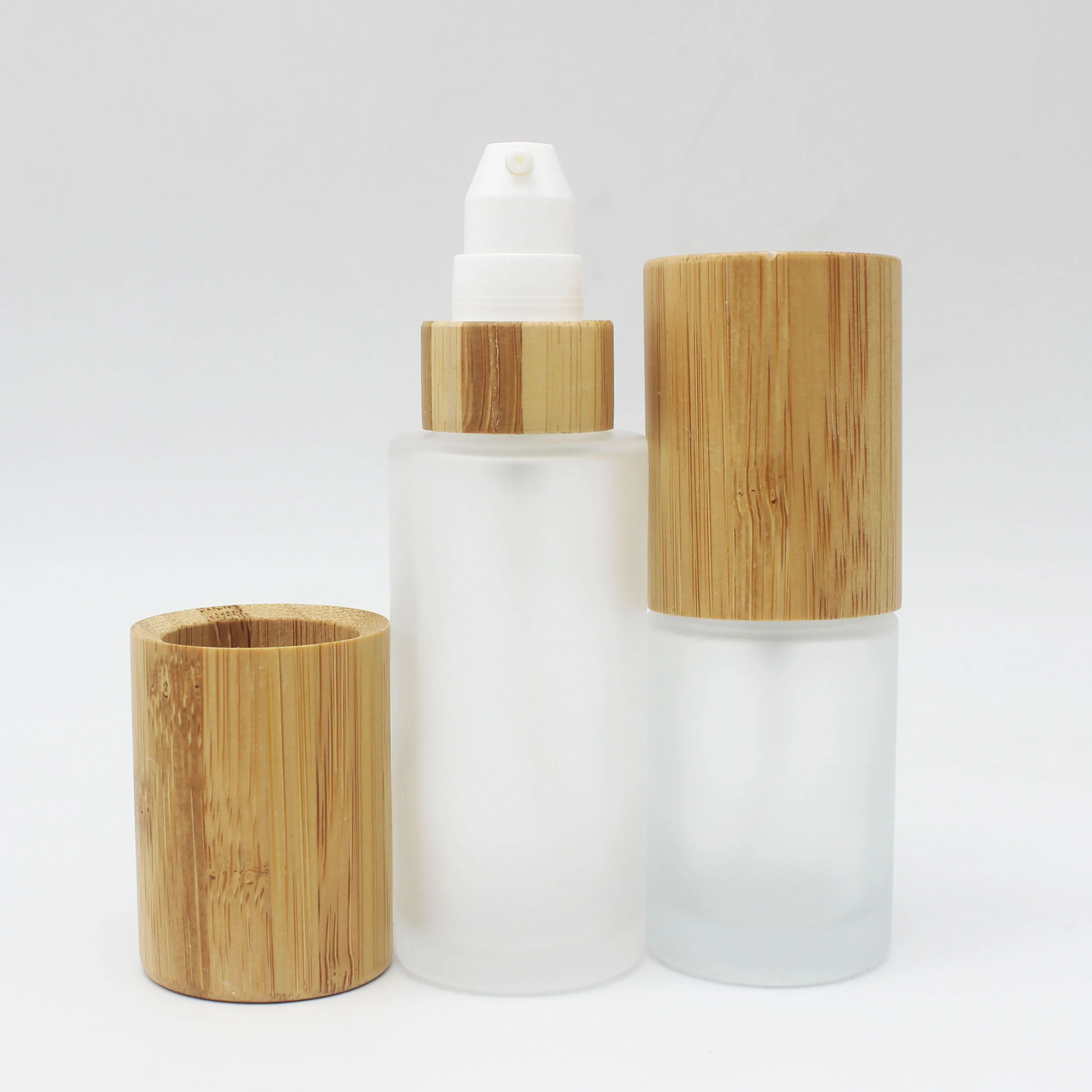 frosted glass cream bottle 30ml 50ml 100ml 120ml flat shoulder lotion serum bottle with bamboo pump lid BFB-011Z