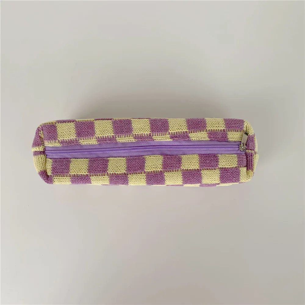 Student Checkered pen Bag College girls Pencil Case Cute plaid Square Shape Knitted Pencil Bags Tube Pencil Case Stationery Bag