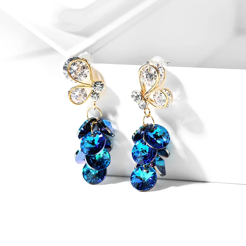 
Winstar Jewelry 2021 New Korean Fashion Women Charm Bowknot Blue Zircon Diamond Butterfly Circle Earrings 