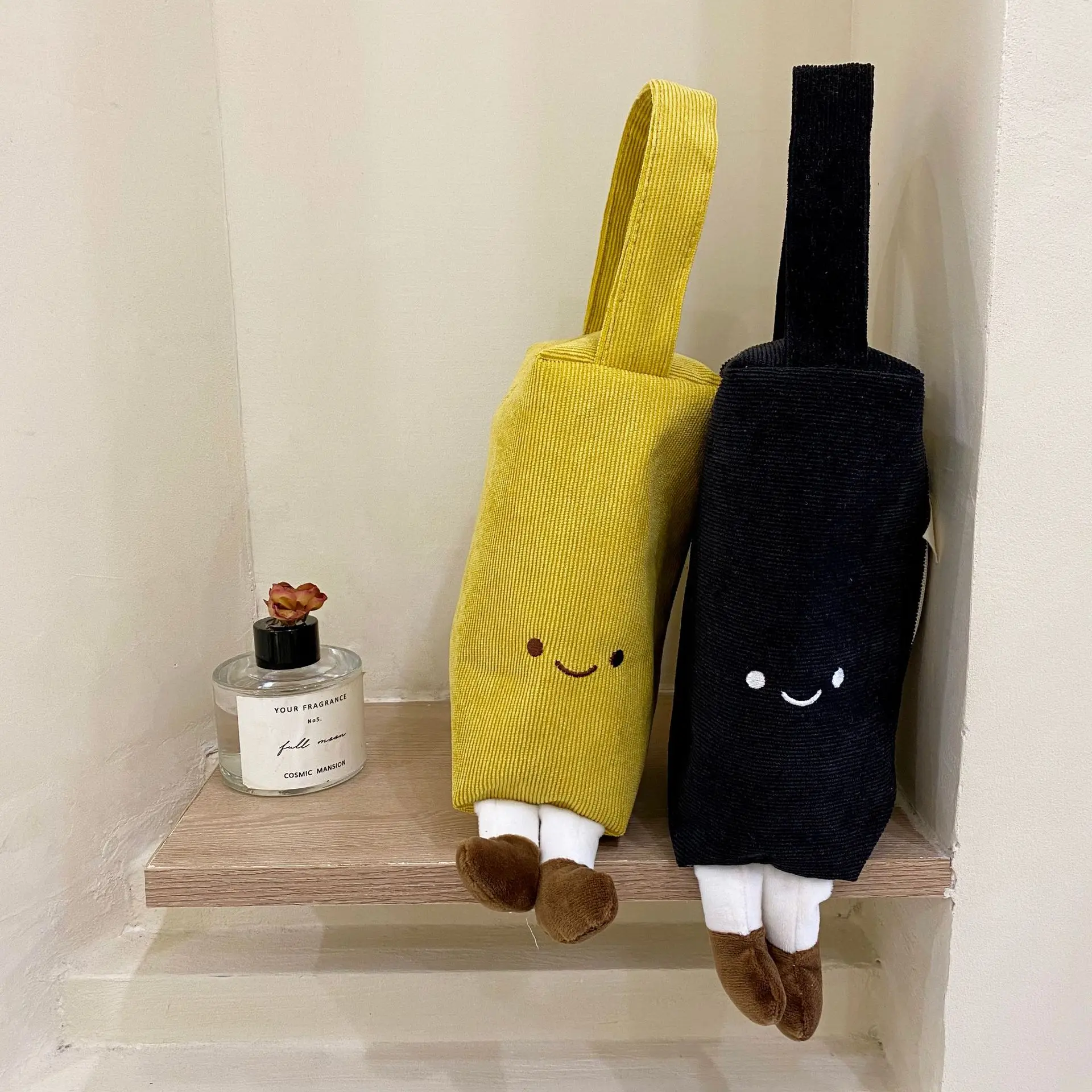 Soft Cute Embroidered Corduroy Hand Carry Small Canvas Pencil Bag Three-Dimensional  Foot Cosmetic Bag Portable Hand Bag