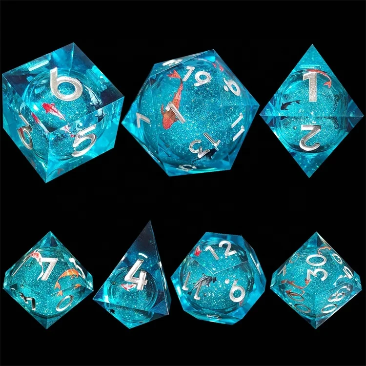 Premium Polyhedral Sharped Edge Quicksand Liquid Core Blue Fire Resin Dice for DND