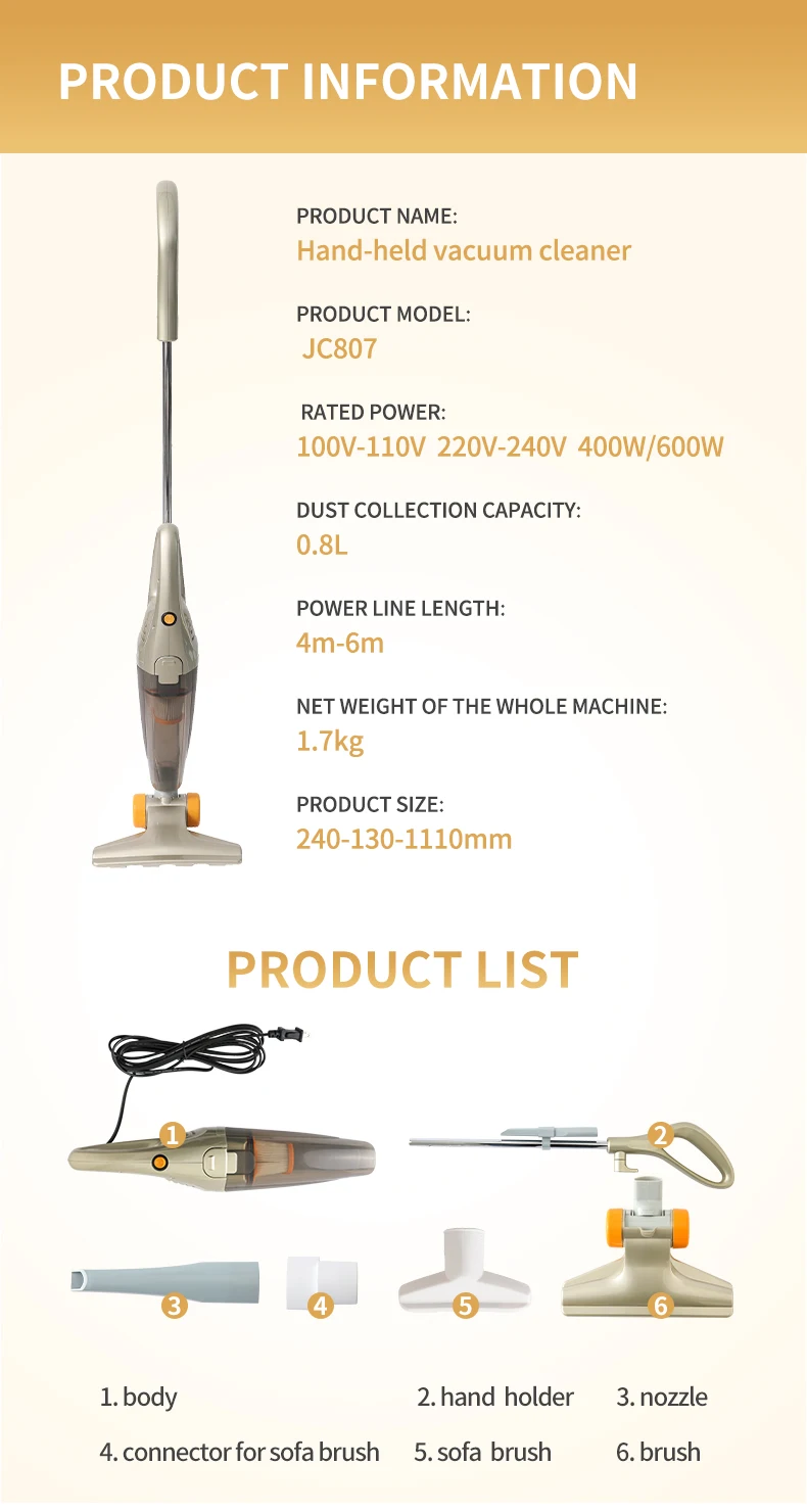 Hot Sale 400W Handheld Upright Vacuum Cleaner Dry Function Bagless for Home & Hotel Use with OEM & US/UK Plug Options