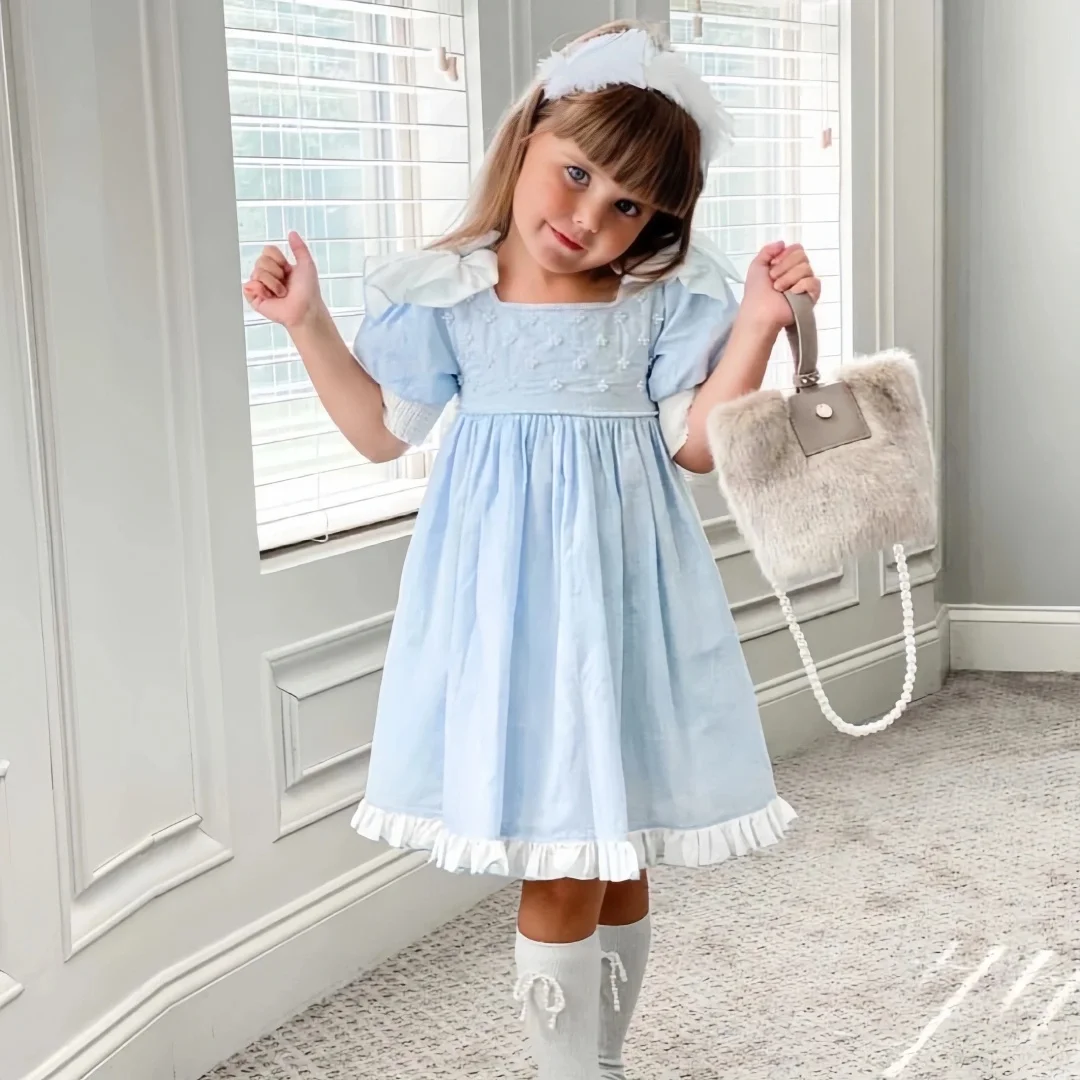 2024 Charlotte Boutique Children Clothes Pearl Beading Summer Girls Cotton Linen Ball Gowns Baby Blue Linen Dress