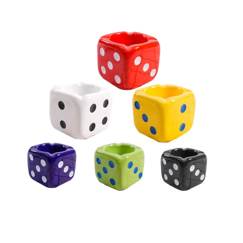 New design  fancy unique multi-color Home desktop ashtray ceramic dice shape cool porcelain cigarette ashtray