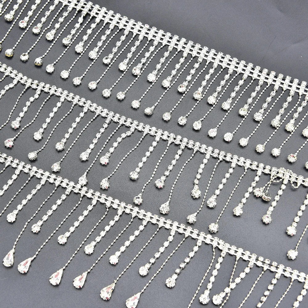 High-Grade Silver Rhinestone Tassel Chain Glass Bead Flower Chain Fringe Trim For Clothing Bra Wedding Dress Shoe DIY Decoration