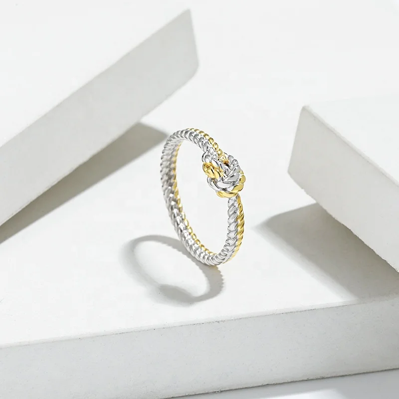 Dina Wholesale Stock Fine Jewelry Vintage Daily Women Minimalist Ring Knot Twisted 925 Sterling Silver Double Color Ring Jewelry