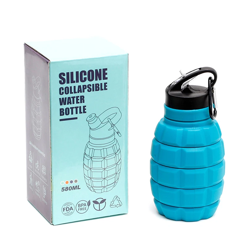 Collapsible Handle Grenade Sport Water Bottle Food Grade Silicone Outdoor Biking Hiking Kettle With Hook Mountaineering Buckle