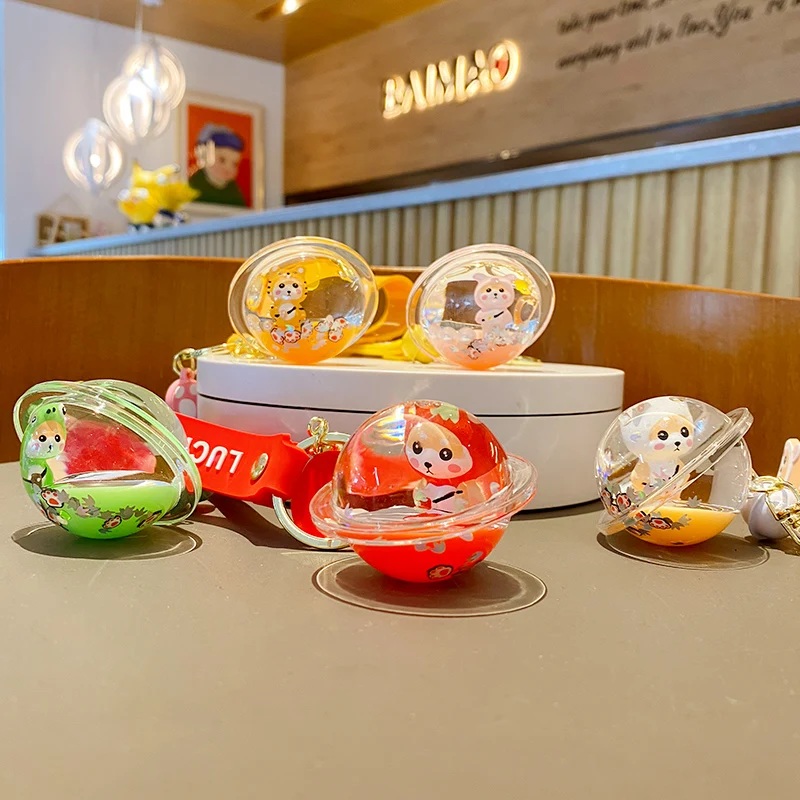 BaiMao High quality round liquid acrylic keyring PVC Animal keyring 3D Lucky Shiba Inu floating liquid keychain promotional gift