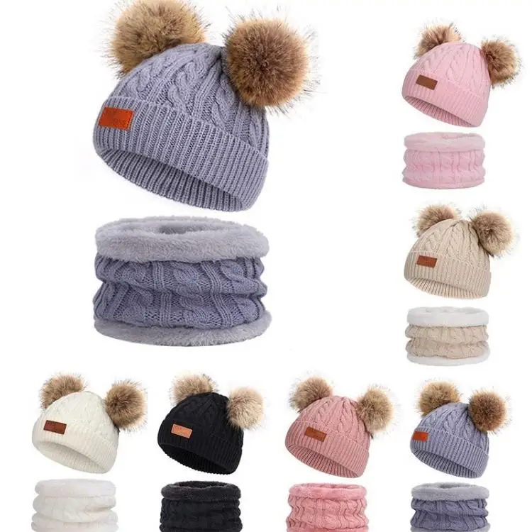 Wholesale Winter Warm Hat and Scarf Mittens Sets Pom Poms Knitted Beanie Hats scarf