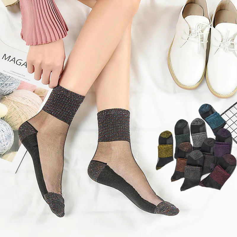 Summer Women Metallic Yarn Sock Lurex Fashion Crystal Silk Socks