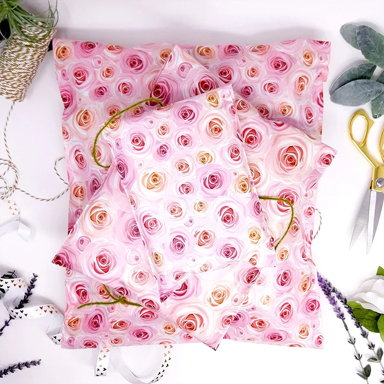
Biodegradable Compostable Mail Package 10X13 6X9 Pink Roses Designer Shipping Envelope Custom Patterned Poly Mailer 